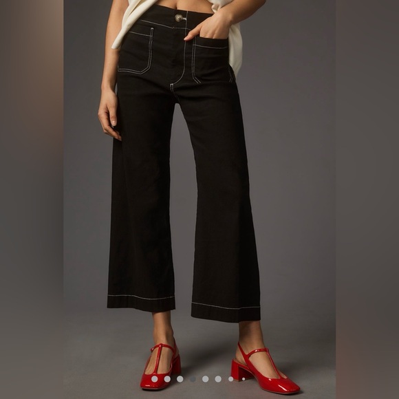 Maeve Pants - Maeve Black Wide-Leg Cropped Pants with Contrast Stitching